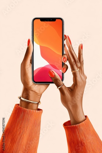 Two hands hold an iPhone with orange and pink abstract wallpaper in orange sweater