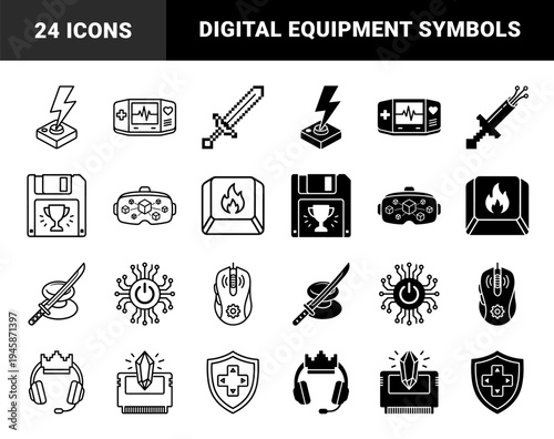 Hybrid gaming and computer hardware icons featuring electronic components merged with fantasy weapons and classic retro handheld console symbols