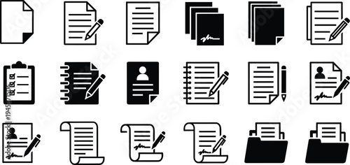 Document and Note Icons, Paper File, Clipboard Checklist, Notebook with Pen, Folder, Curriculum Vitae, Contract Agreement