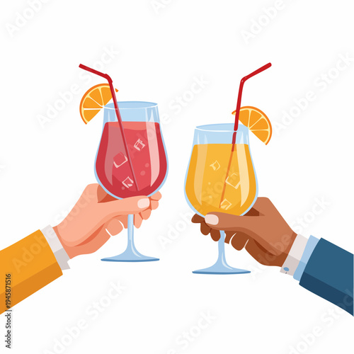 Hands hold glasses with alcoholic or non alcoholic cocktail. Cheers vector illustration for greeting card, postcard, placard, invitation, menu design