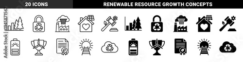 Ecological hybrid icon set featuring sustainable energy concepts merged with industrial growth symbols in thick outline and solid black styles