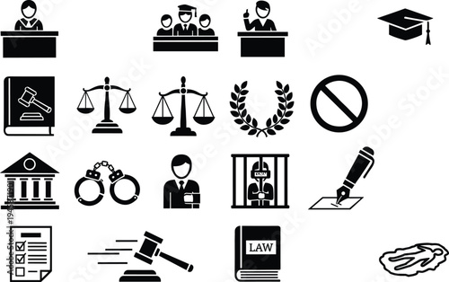 Law and Justice Icons, Legal Court System, Judge Gavel, Scales of Justice, Criminal Law, Prison, Handcuffs, Police Investigation, Attorney