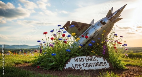 Wallpaper Mural War memorial sign with rustic wooden cross and poppy flowers at sunset in rural field Torontodigital.ca