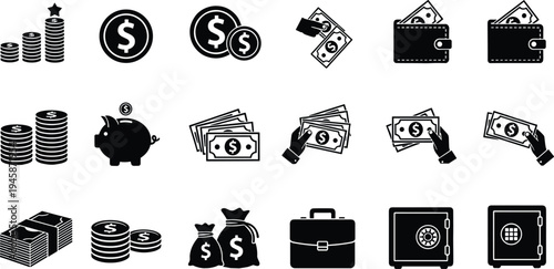 Money and Finance Icons Featuring Currency Coins, Dollar Bills, Piggy Bank, Wallet, Safe Box, and Wealth Savings Business Symbols