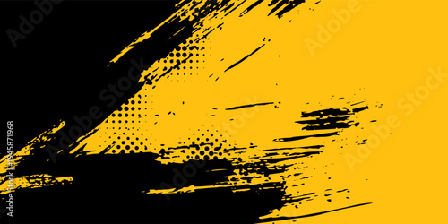 Yellow and black backdrop with dot halftone pattern element. Abstract brush grunge background. retro comic concept for your graphic design. Vector illustration
