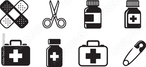 A set of vector line art medical icons including a bundle of silhouettes for healthcare and first aid
