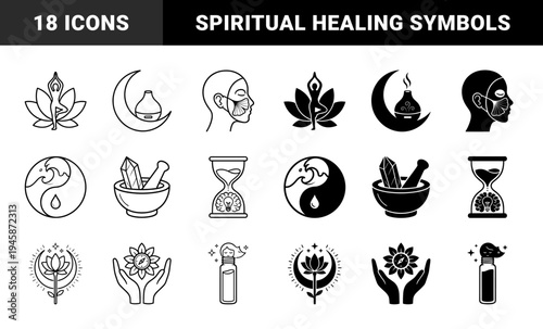Wellness and Holistic Therapy Symbols Featuring Yoga Lotus Hybrid Hourglass Brain and Yin Yang Wave Designs in Linear and Solid Styles