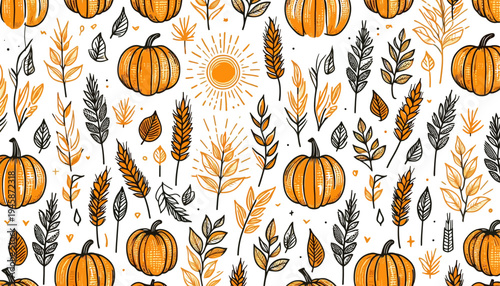 halloween seamless vector pattern with sun pumpkin and leaves