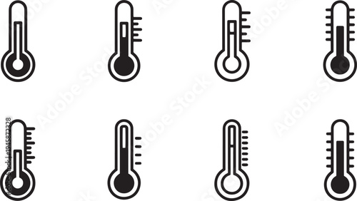 A set of vector line art thermometers in silhouette showing different temperatures on a white background