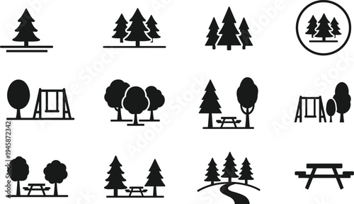 Park and Forest Outdoor Recreation Icons Featuring Pine Trees, Picnic Tables, Swings, and Nature Trail Paths for Map Design