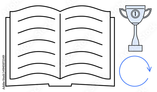 Education concept. Education ed with an open book and learning with a circular arrow. Education linked with achievement using a trophy icon. For learning, success, goals, teaching, and career growth