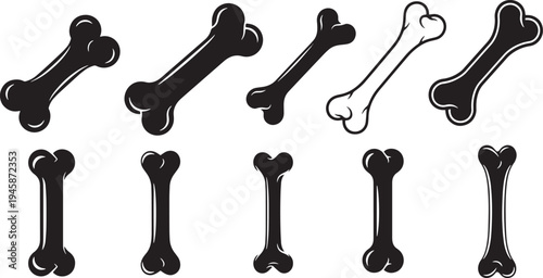 A set of vector line art silhouettes of dog bones in black and white on a clean background