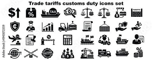 Comprehensive icon set illustrating various aspects of trade tariffs and customs duties