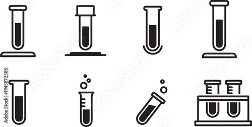 A set of vector line art silhouettes of laboratory test tubes in various positions and settings