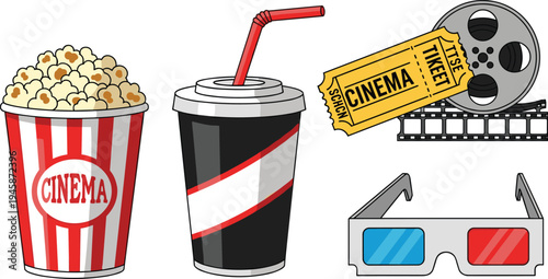 Cinema Movie Theater Elements Set Popcorn Soda 3D Glasses Film Reel and Tickets Vector Illustration