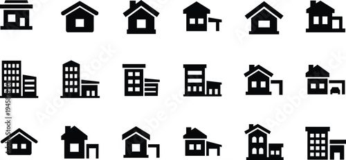Real Estate and Building Icons Featuring Modern House Silhouettes, Residential Apartments, Office Towers, Homes