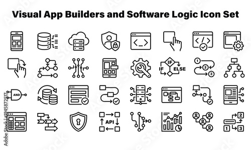 Collection of icons representing visual app builders and software logic components
