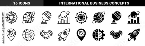 Global Technology and Aerospace Hybrid Icons Featuring Earth Combined with Shield Lightning Bolt Satellite Rocket and Handshake Symbols