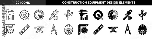 Industrial Tool Hybrid Concepts featuring Caliper Bar Chart Wrench Globe Drill Plant Level Bubble and Anvil Circuitry in Outline and Solid Styles