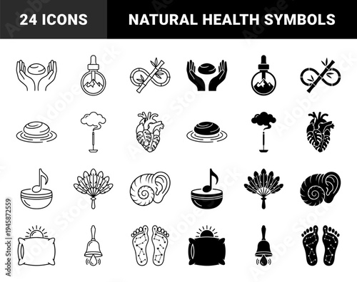 Minimalist hybrid wellness icons featuring conceptual mergers of anatomical organs with organic flora and spiritual elements in line and solid styles