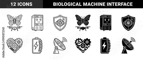 Biometric and Cybernetic Hybrid Symbols Featuring Butterfly Drone Shield Eye Mechanical Heart Battery Spine and Satellite Dish in Outline and Silhouette Style