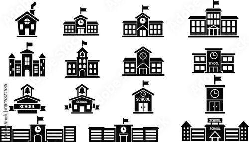 School and Education Building Icons Featuring High School Outlines, University Campuses, Academic College Structures