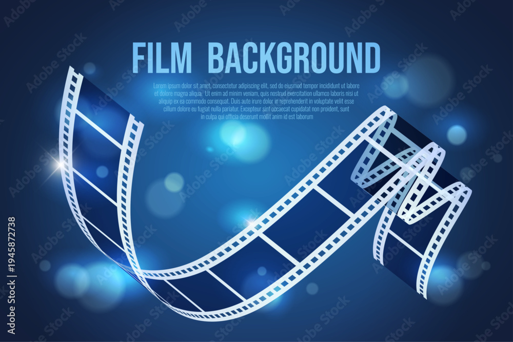 Fototapeta premium Vector cinema banner with curved filmstrip and flashing lights on blue background. Film background