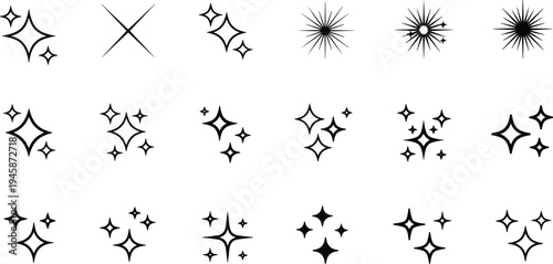 Sparkle and Twinkle Star Icons Featuring Shining Light Effects, Magic Glitters, Bright Flare Symbols, and Decorative Night Sky Glowing Elements