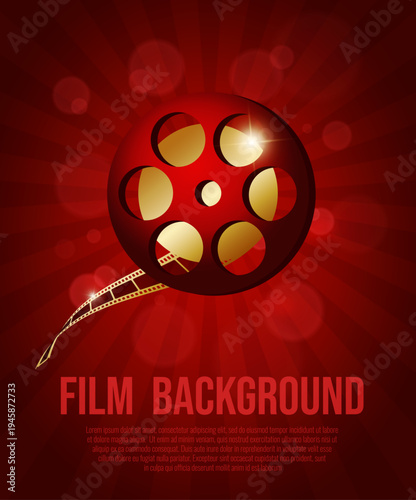 Vector film background with film reel and golden filmstrip on red background. Shiny cinema poster with flashlights