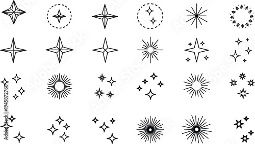 Sparkling star icons featuring minimalist line art, shining twinkles, glitter shapes, magic bursts, and glowing light effects for decorative vector illustration designs.