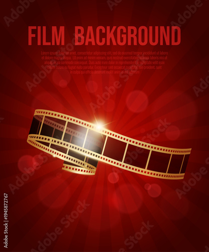Vector film background with a shiny golden filmstrip on red background. Vintage cinema poster with flashlights