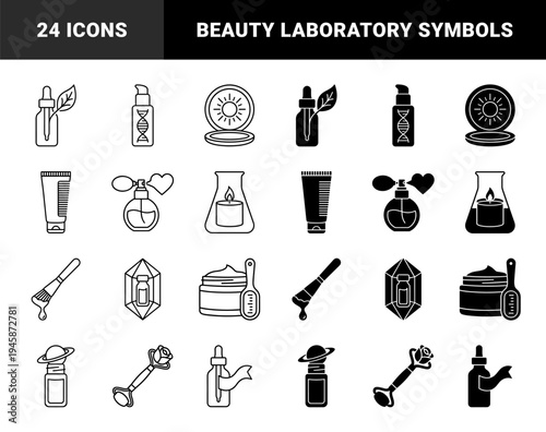 Hybrid skincare and cosmetic lab icons merging beauty products with scientific dna helix botanical leaf and celestial planet symbols