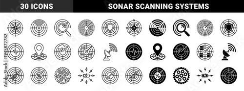 Hybrid radar and sonar monitoring icons merging circular scanning grids with navigation compass maps data encryption and signal detection symbols