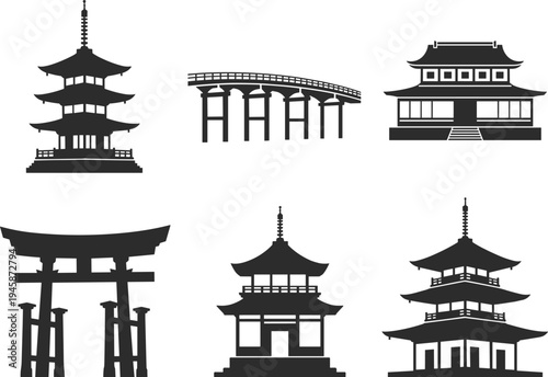 Black silhouettes of traditional Japanese architectural structures and landmarks architecture