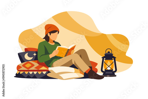 Person reading a book by lantern light on cushions.