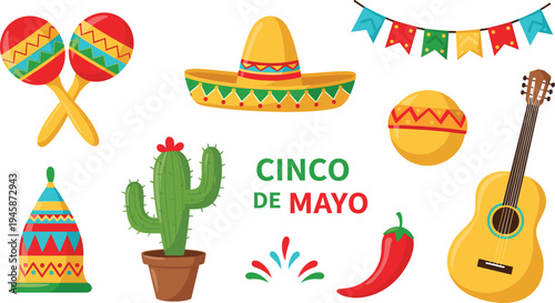 Cinco de Mayo Celebration Elements Set Sombrero Guitar Maracas Cactus Pepper and Festive Decorations Vector Illustration