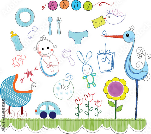 A sweet and whimsical collection of baby-themed illustrations in a colorful crayon-drawing style, The style is intentionally childlike and soft, using pastel blues, pinks, and yellows on a white bg