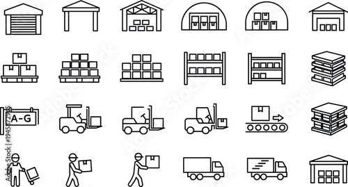 Warehouse and Logistics Icons, Storage Building, Forklift Truck, Conveyor Belt, Delivery Van, Pallet Rack, Shipping Box, Worker, Supply Chain