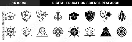 Hybrid medical and technology icons featuring stethoscope heart rate graduation cap brain mountain and rocket combined with circuit board elements