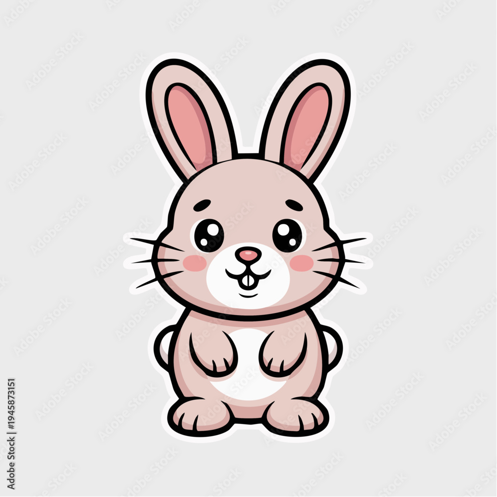 Obraz premium A cute cartoon rabbit with big ears and a white face sits on a plain background looking happy
