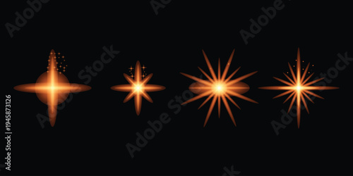 Collection of four bright starburst lights on a black background