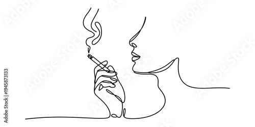 A continuous line art drawing depicting a person's profile with a hand holding a lit cigarette. Vector, illustration
