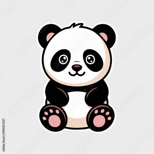 A cute cartoon panda bear illustration sits smiling on a plain background looking directly at the viewer with big eyes and pink ears and paw pads.