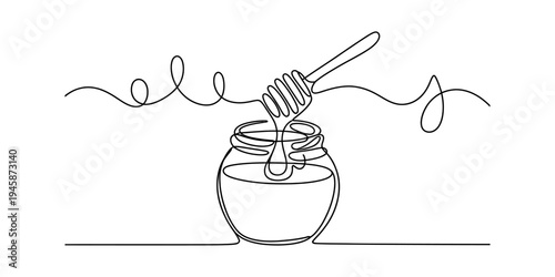 Continuous line art drawing of a honey pot with a honey dipper dripping honey into the jar Vector, illustration