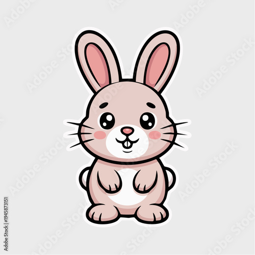 A cute cartoon rabbit with big ears and a white face sits on a plain background looking happy