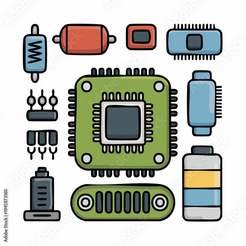 An illustration depicts various electronic components and a microchip on a white background with capacitors and resistors.