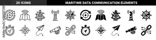 Hybrid navigation and global positioning icons combining nautical instruments with modern wireless signal and satellite data communication symbols