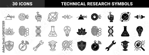 Black and white hybrid icon set featuring conceptual mergers of science technology and nature in minimalist outline and solid glyph styles