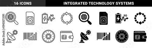 Hybrid Digital Finance and Telecommunication Icons Featuring Microchip Magnifier SIM Card Cloud Battery 5G Satellite Barcode and Wallet