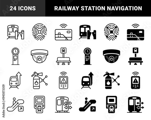 Modern Transit System Hybrid Icons Featuring Metro Trains Combined with Biometric Security Fingerprints Ticketing Kiosks and Station Safety Equipment